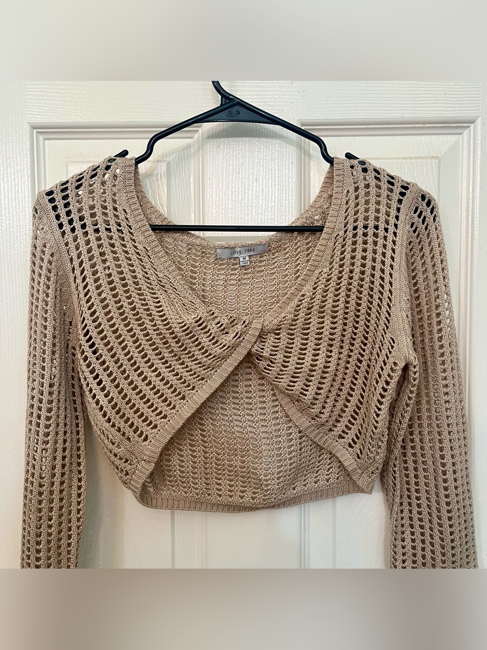 Love Tree Open Crochet Knit Crop Sweater Wrap Front Tan Size M PreLoved